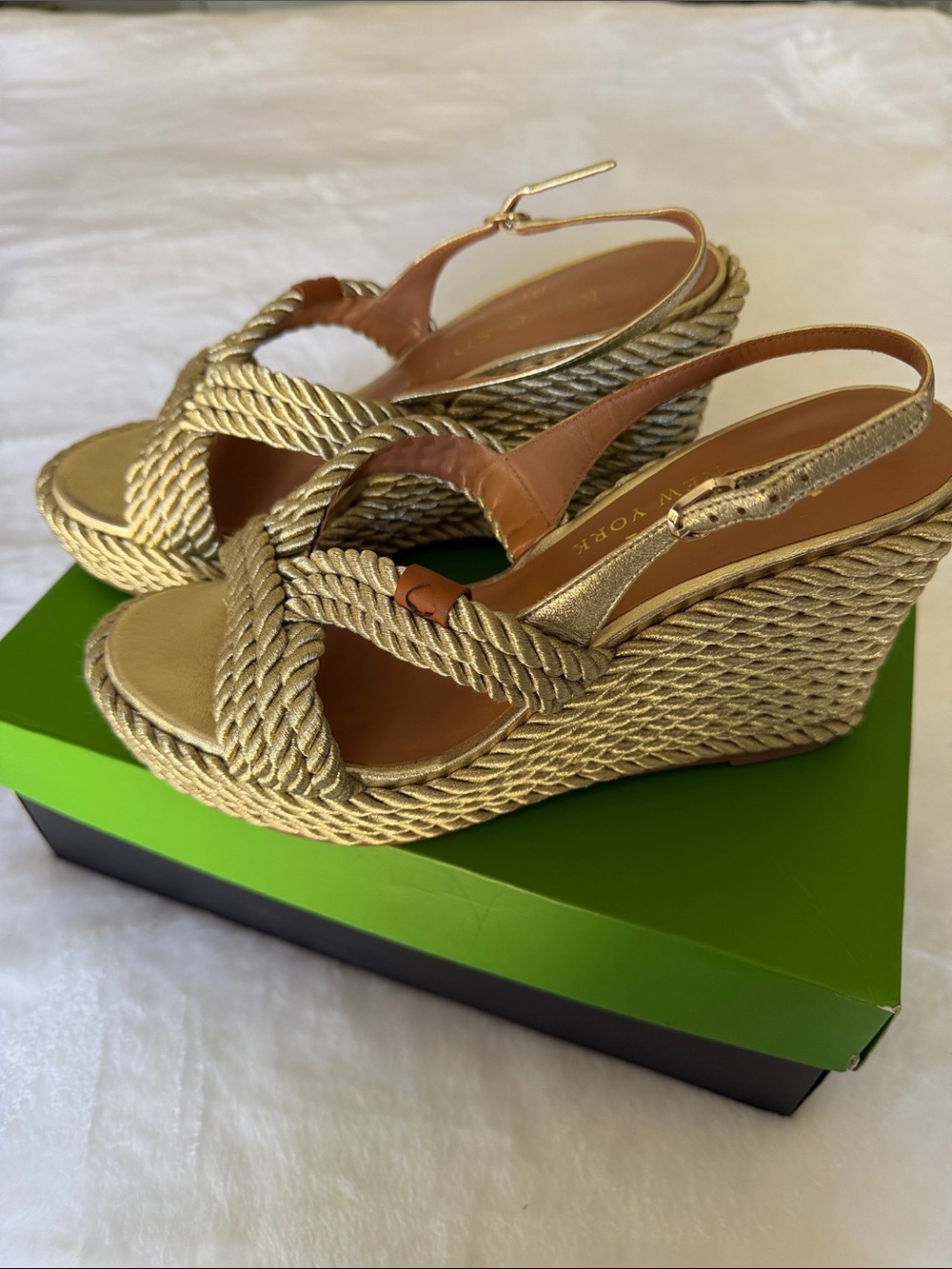 Kate Spade Tahiti Woven Metallic Gold Wedge Sandals - Women's